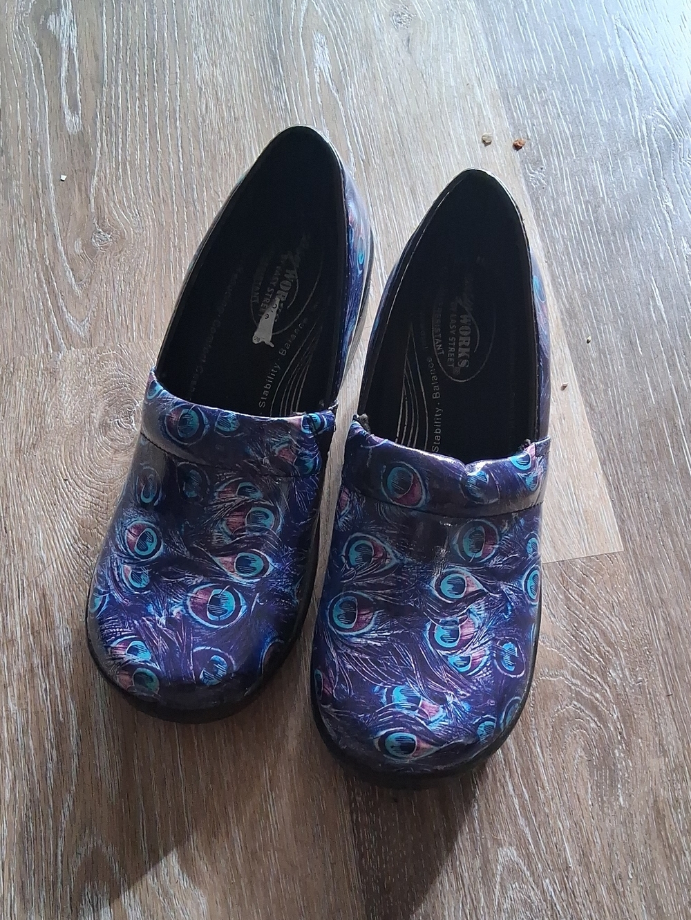 Dansko Women's Mules in Peacock Print Purple and Teal